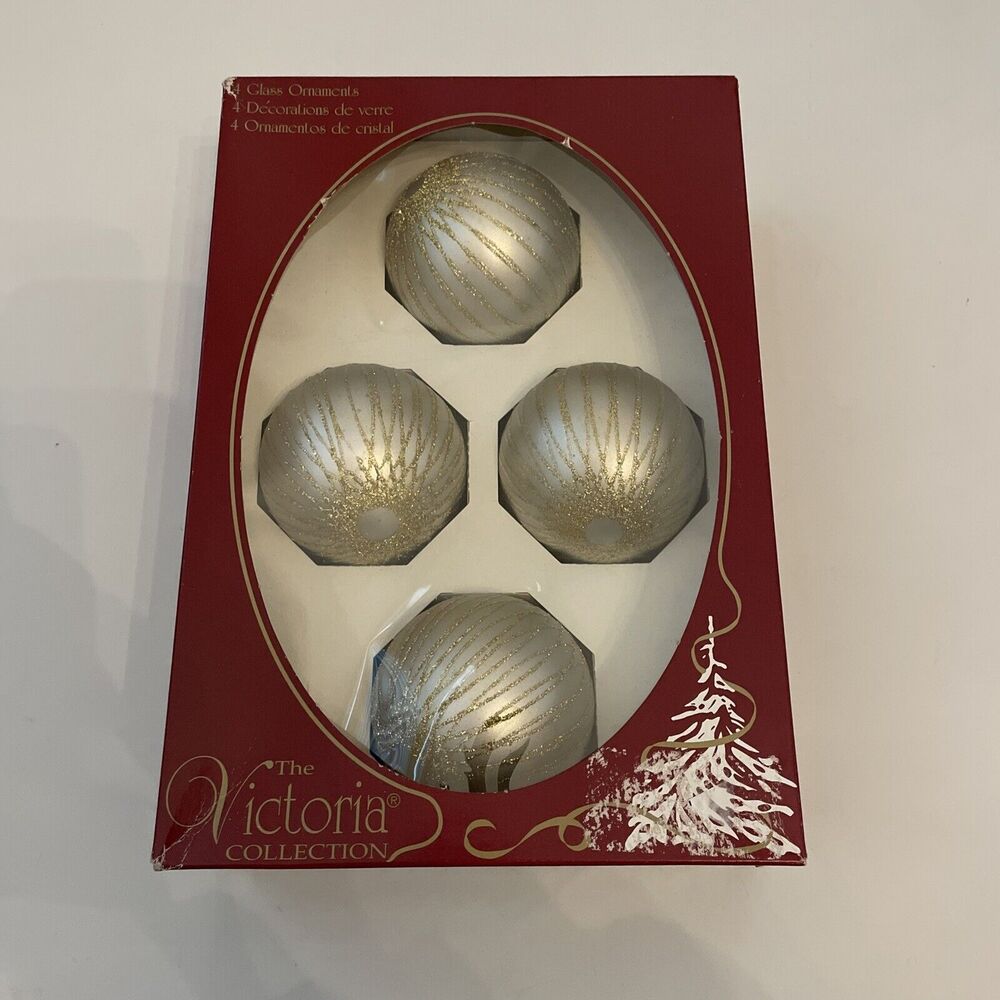 Vintage Rauch 4 Glass Ball Christmas Ornaments Gold Victoria Collection Glittery